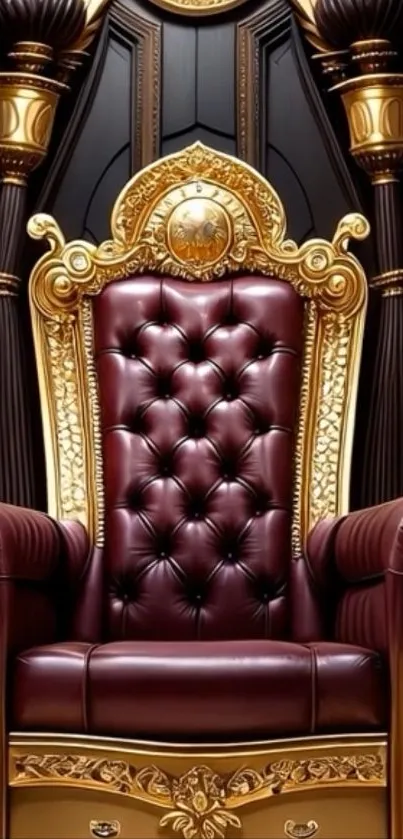 Luxurious royal throne with gold details and maroon leather