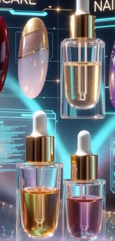 Luxurious skincare and nail art display with shimmering serums.