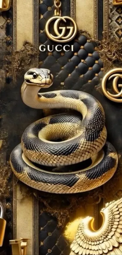 Luxurious wallpaper with snake and gold designs.
