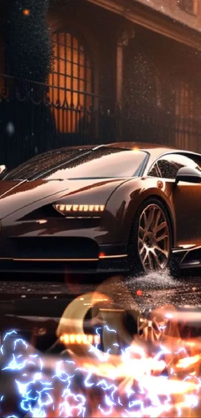 Luxurious sports car with sleek reflections and copper hues under streetlights.