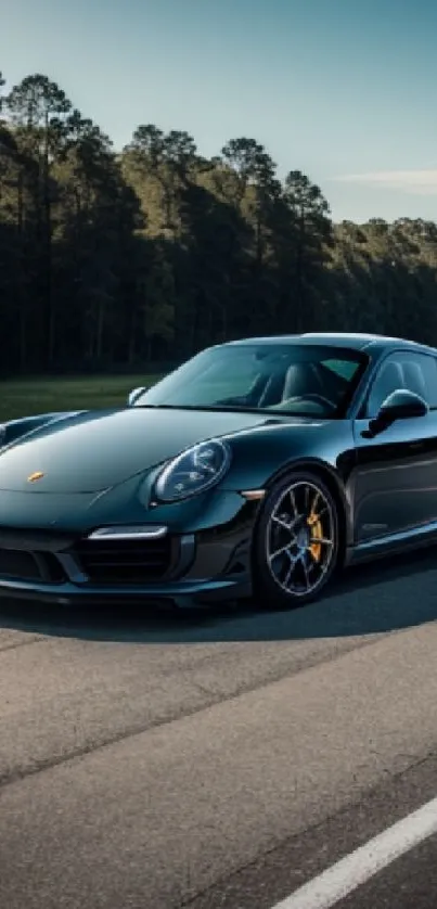 Dark gray luxury sports car on a scenic road.