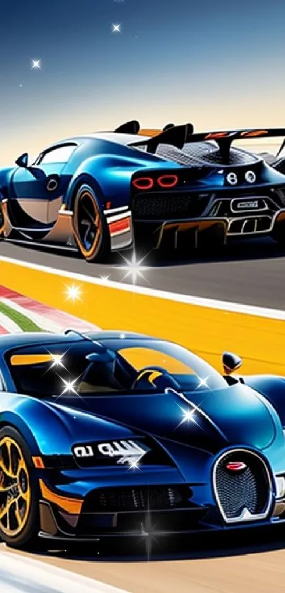 Luxurious sports cars speeding on a vibrant racetrack.