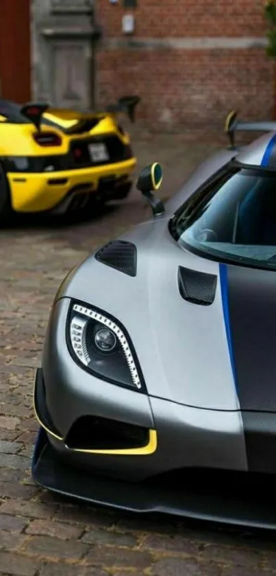 Luxurious sports cars parked on cobblestone street wallpaper.