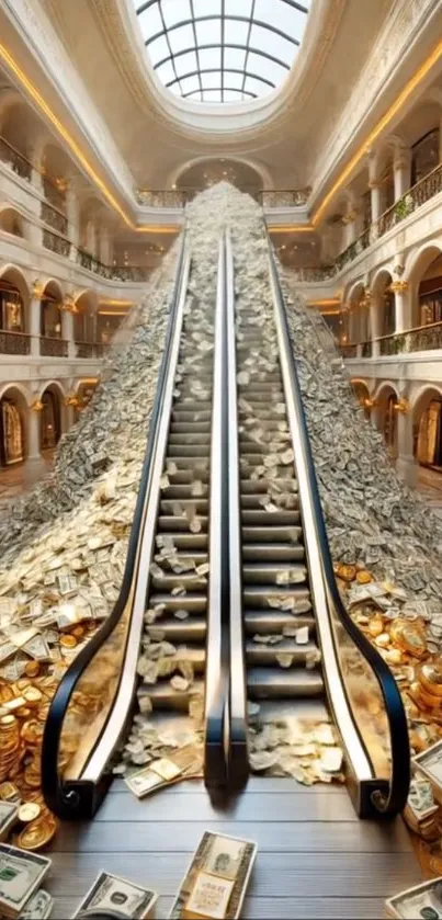 Luxurious stairway with money piles and opulent decor.