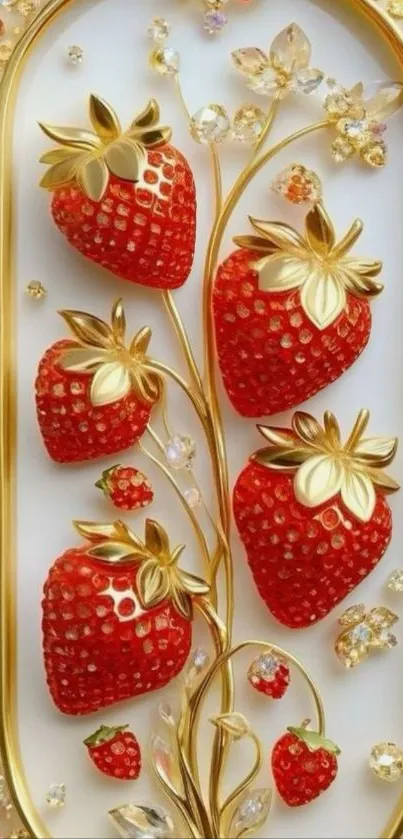 Gold and jeweled strawberries on luxury wallpaper.