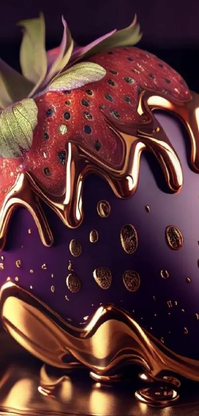 Strawberry drenched in golden chocolate on a purple background.