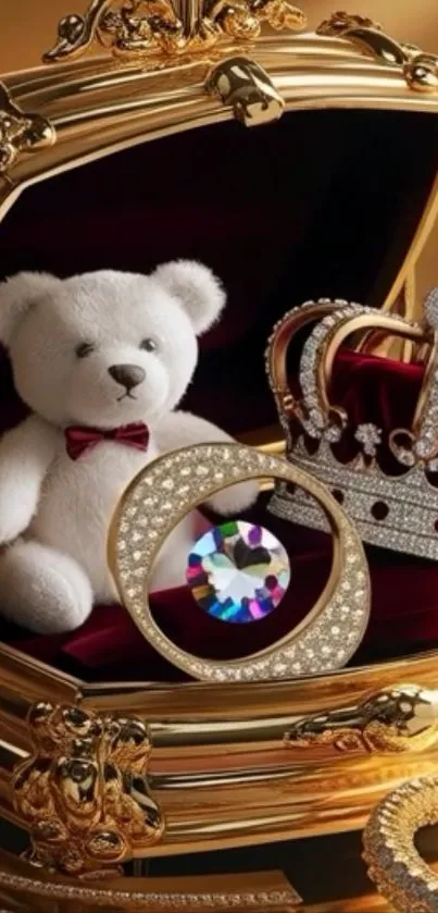 Luxurious teddy bear with crown and jewels in golden setting.