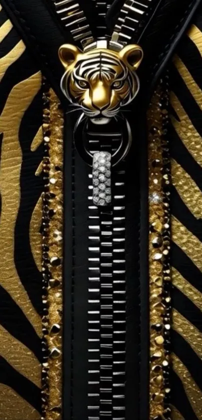 Tiger face zipper on gold and black striped background.