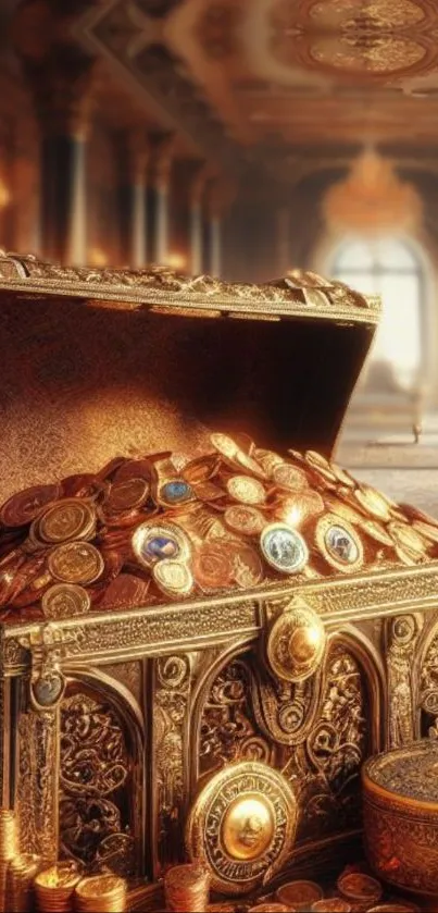 Ornate treasure chest overflowing with gold coins in a lavish room.