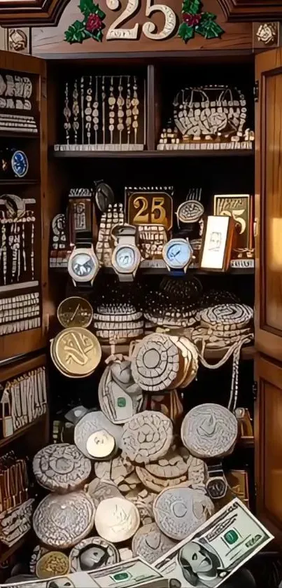 Luxurious cabinet filled with watches and gold coins.