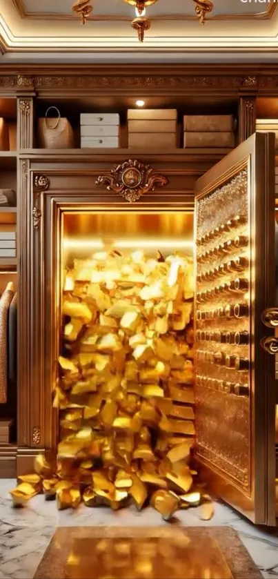 Luxurious closet with gold bars spilling from a vault.