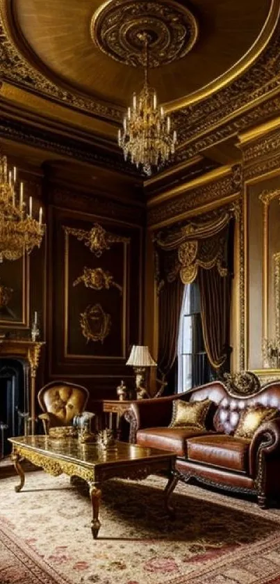 Luxurious vintage living room with chandeliers and elegant furniture.