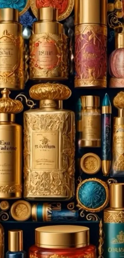 Luxurious vintage perfume bottles with ornate golden designs.