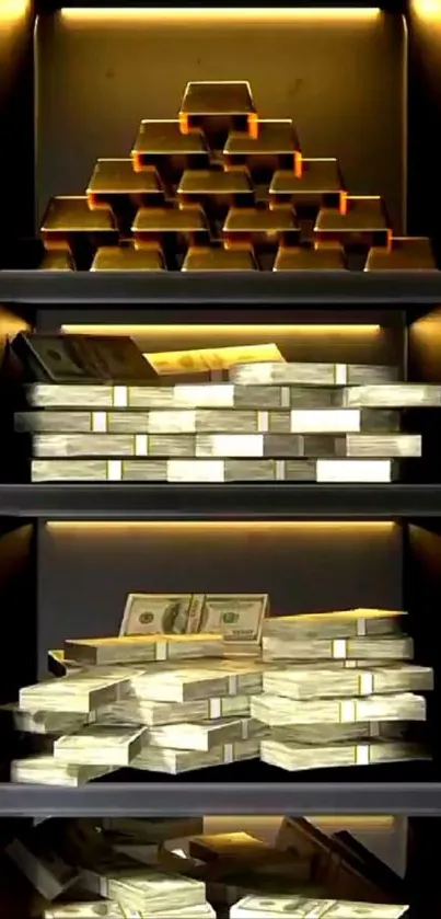 A luxurious display of gold bars and stacked cash in a vault.