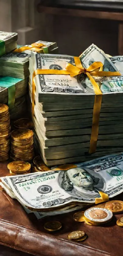 Stacks of cash and gold coins on leather surface.