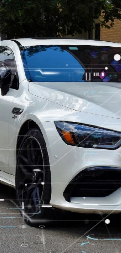 White luxury car on urban street scene.