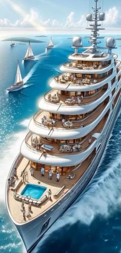 Luxurious yacht cruising through clear blue ocean waters.