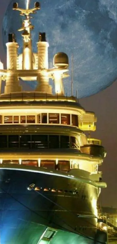 Luxurious yacht illuminated against a full moon backdrop.