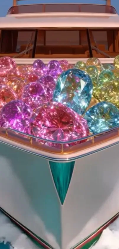 A luxurious yacht filled with colorful gemstones on a vibrant ocean background.