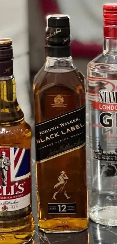 A collection of luxurious alcohol bottles in an elegant display.
