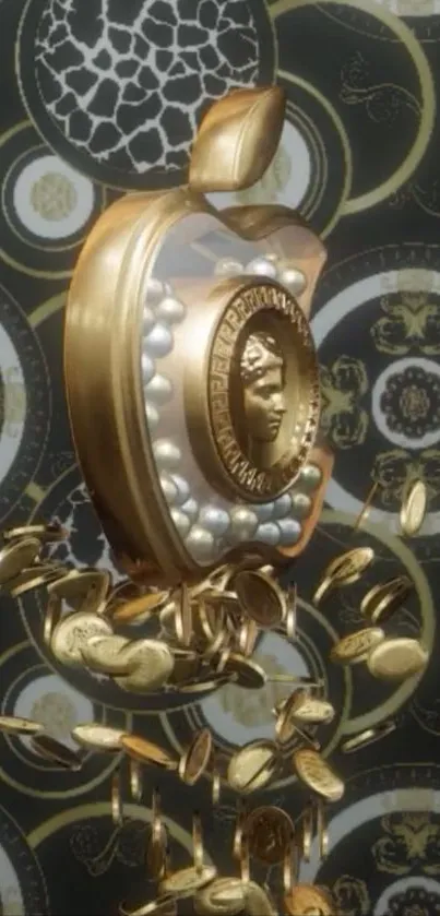 Gold apple with coins and ornate patterns as mobile wallpaper.