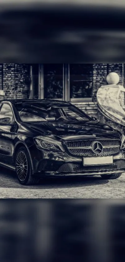 Luxury black car parked in front of elegant building in monochrome style.