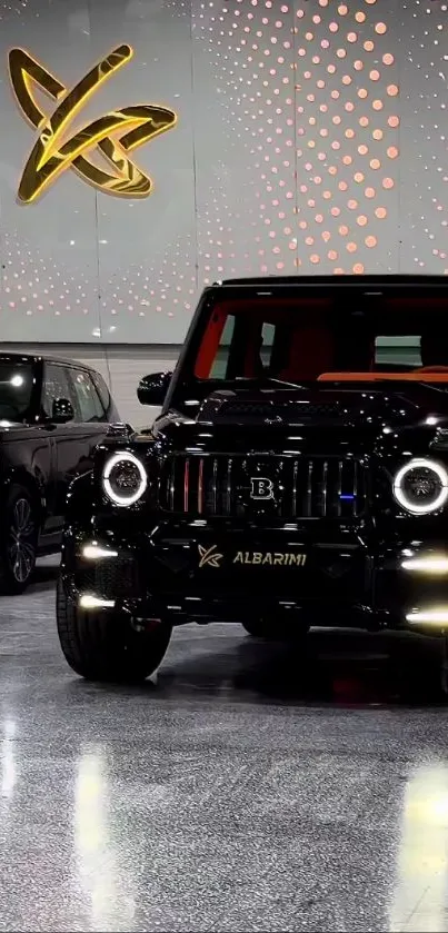 Luxury black SUV in a modern showroom with sleek design and lighting.