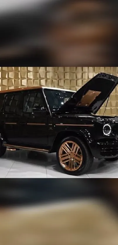 Black luxury SUV with gold wheels in a stylish setting.