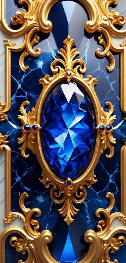 Luxurious blue and gold ornate wallpaper with intricate gemstone design.