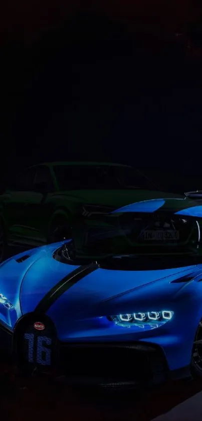 Blue luxury sports car in dark setting, perfect for mobile wallpaper.