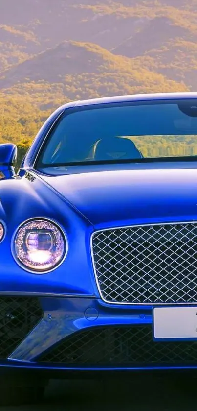 Front view of luxury blue car with scenic background.