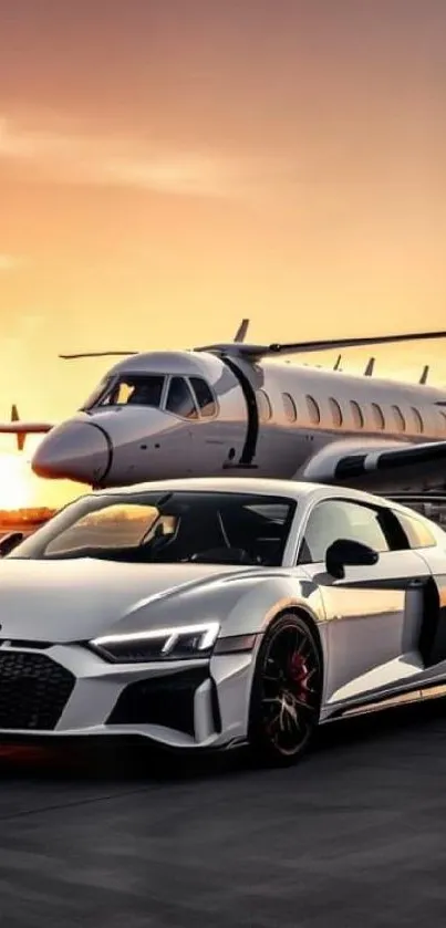 Luxury car and jet at sunset mobile wallpaper.