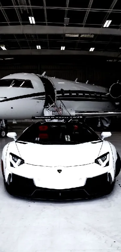 Luxury car and private jet in a hangar, sleek and modern design.