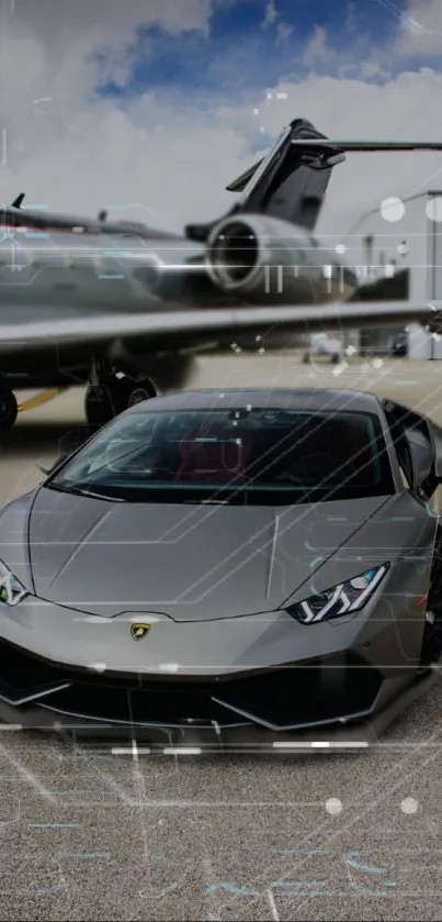 Sleek silver car and private jet on tarmac.