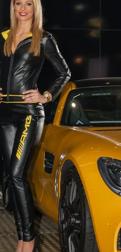 Stunning model with luxury yellow sports car in a glossy setting.