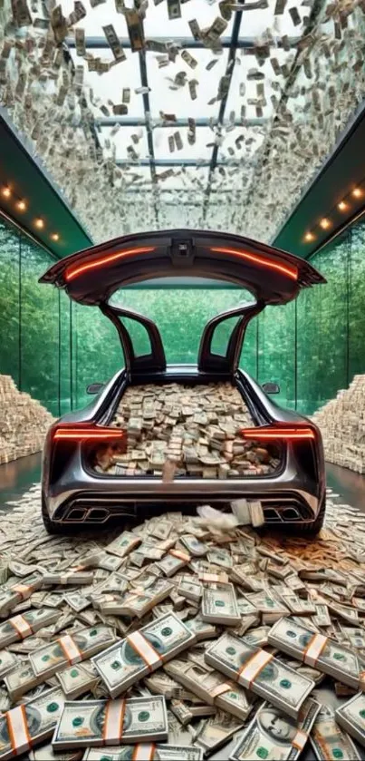 Luxury car filled with cash in a futuristic setting.