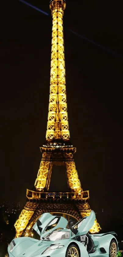 Luxury car parked beneath the illuminated Eiffel Tower at night.