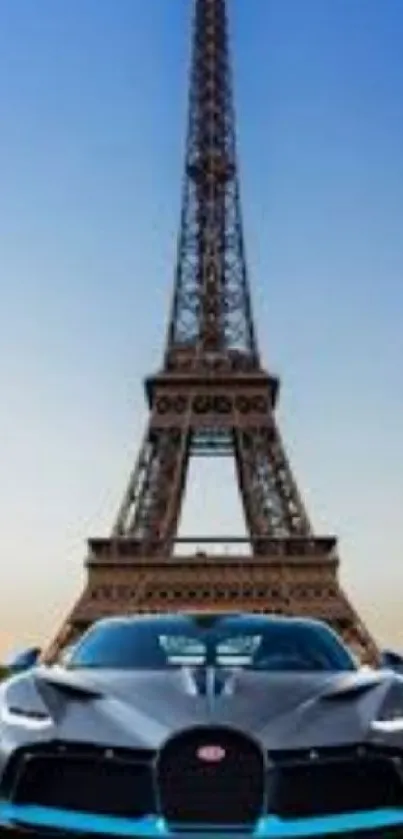 Luxury car in front of Eiffel Tower at dusk, blending modern and classic charm.