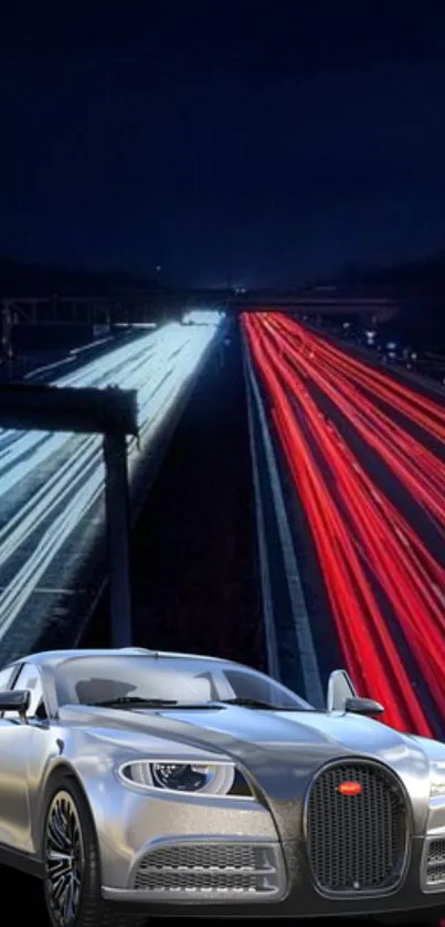 Luxury car on a vibrant highway at night with illuminated city lights.