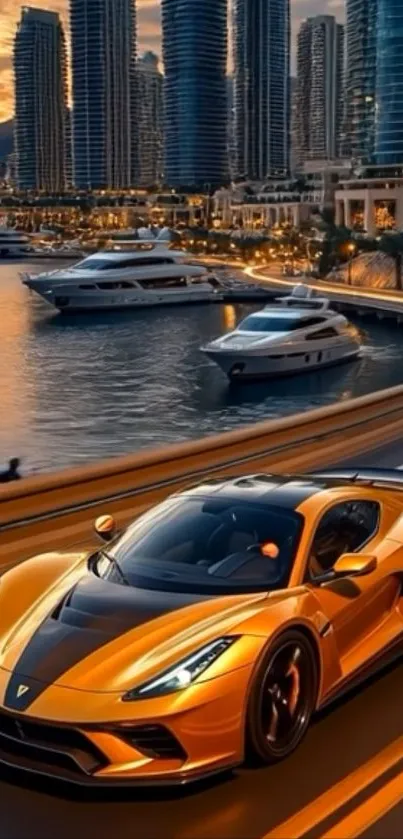 Luxury sports car driving near waterfront at sunset with yachts.