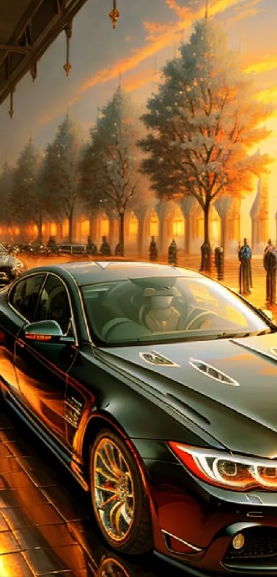 Luxury car on a sunset-lit boulevard with glowing streetlights and elegant trees.