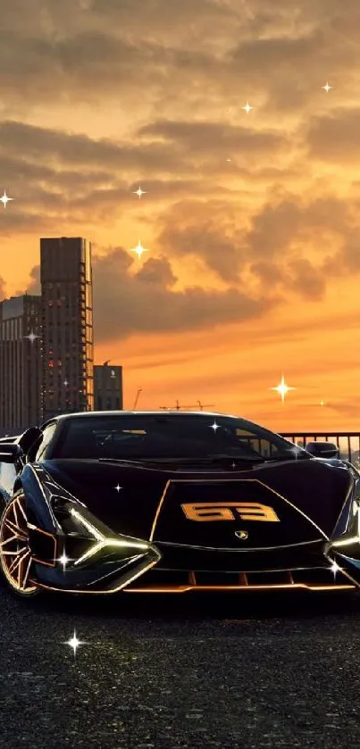 Luxury car parked with sunset skyline backdrop, highlighting vibrant colors.