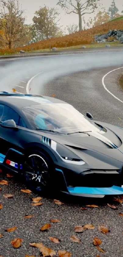 Luxury car drifts on an autumn leaf-covered road with vibrant foliage.