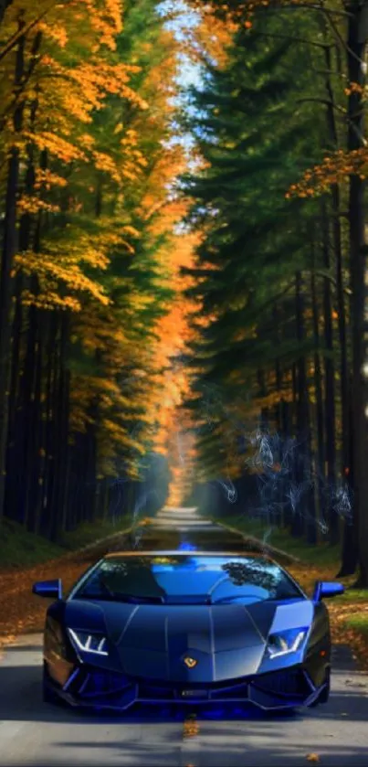 Luxury car driving through an autumn forest with vibrant fall colors.