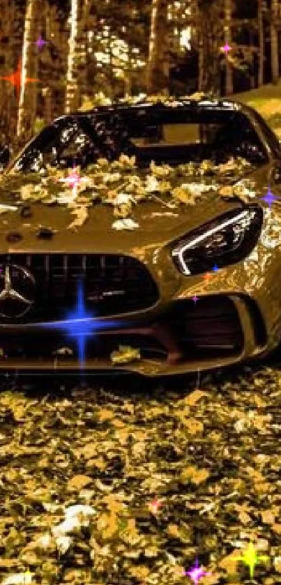 Luxury car covered in autumn leaves with an elegant forest backdrop.