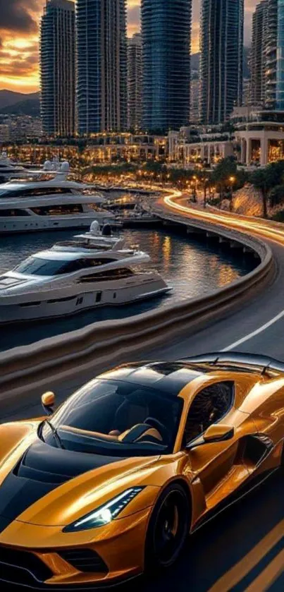 Sleek luxury car driving by a beautiful marina at sunset.