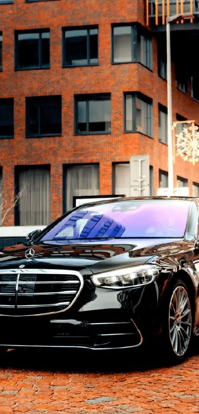 Luxury car parked downtown under sunny urban setting.