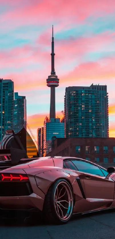 Luxury car against a stunning urban sunset with city skyline in the background.