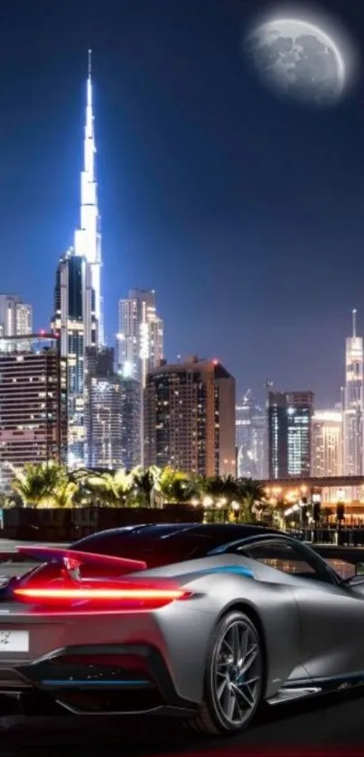 Luxury sports car with city skyline in the background at night.