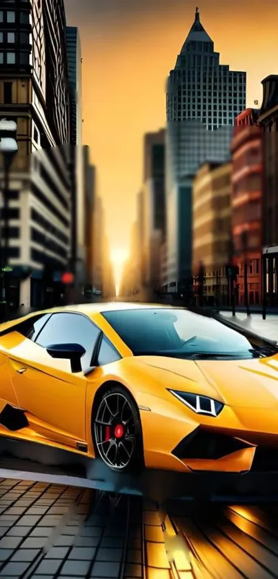 Yellow sports car in a city setting during sunset, showcasing urban luxury.